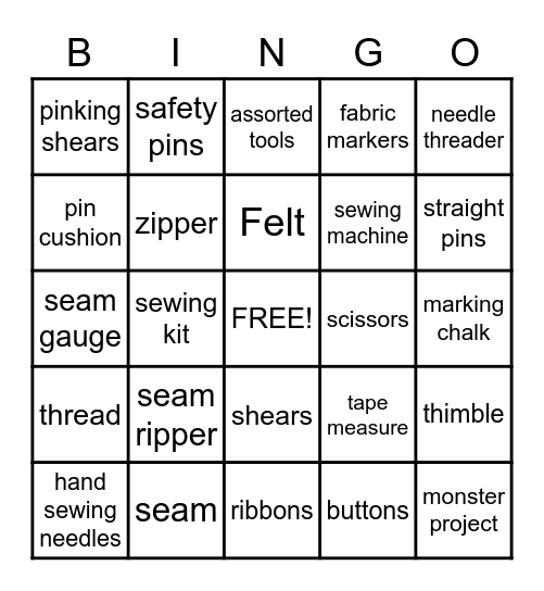 Sewing Tools Bingo Card