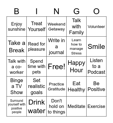 Mental Health Wellness Bingo Card