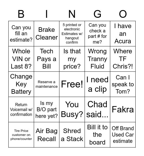 In - Shred a Stack / Out - Fuel Pump Bingo Card