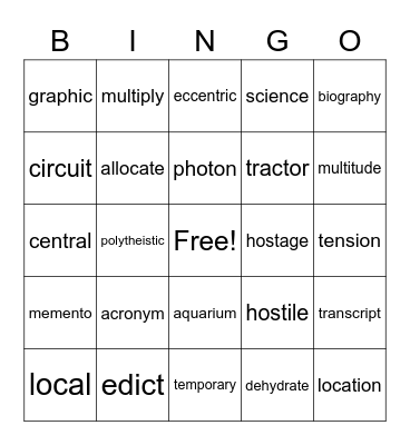 Vocabulary Bingo Card