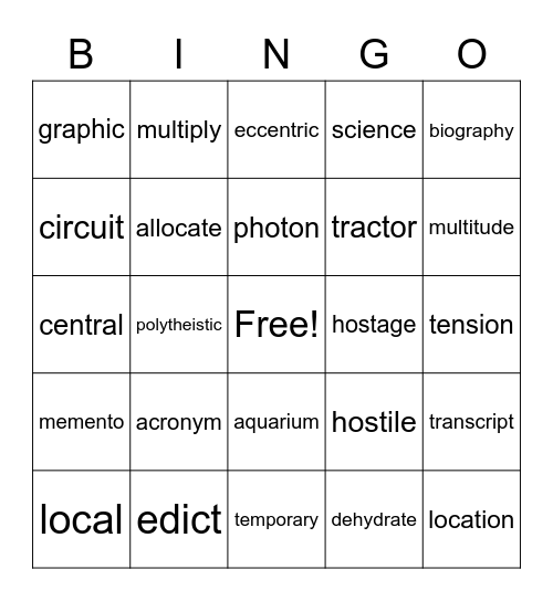 Vocabulary Bingo Card