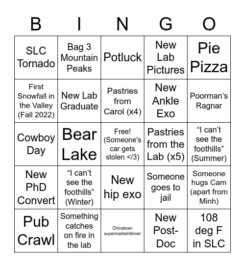BE Lap Bingo 2022 Bingo Card
