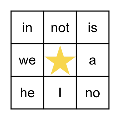 Kindergarten Bingo Card