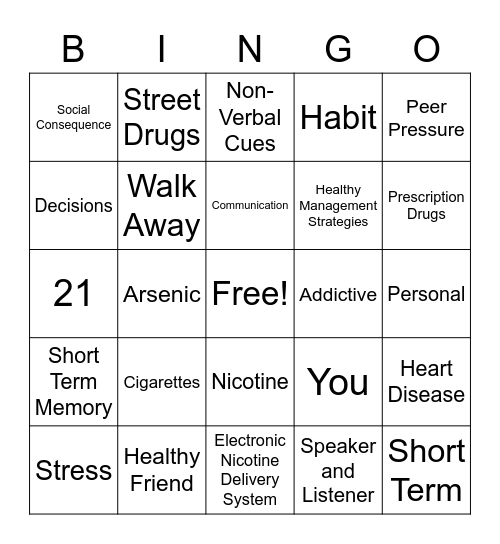 Prevention Bingo Card