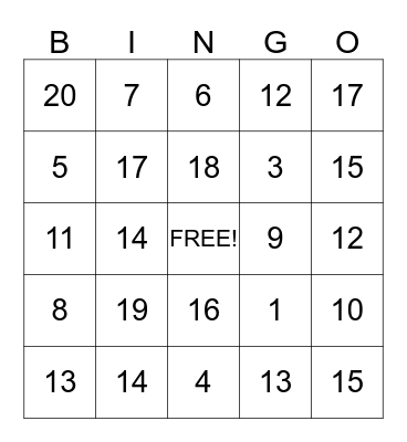 Math facts within 20 Bingo Card