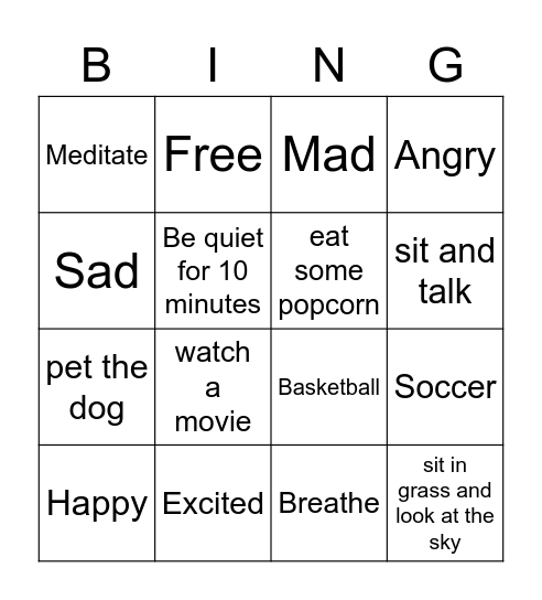 Coping Skills Bingo Card