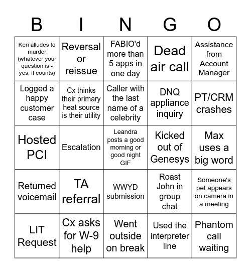 Bingo CC Edition Bingo Card