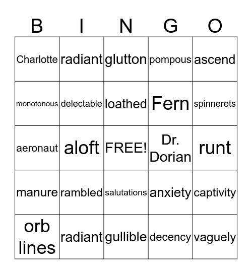 Charlotte's Web Bingo Card