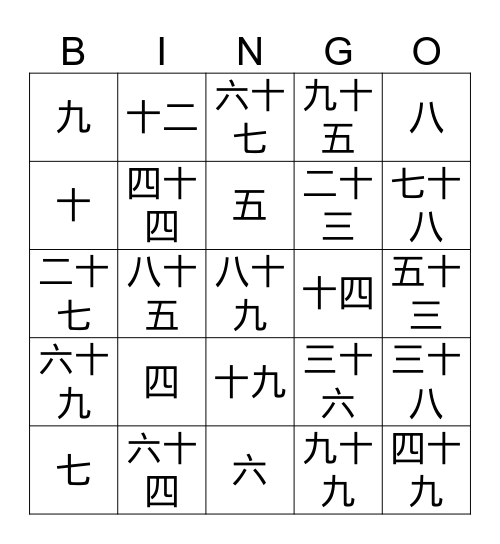 中文数字bingo Card