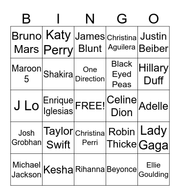 Pop Musicians Bingo Card