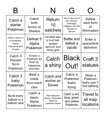 Pokemon Legends Arceus Bingo Card