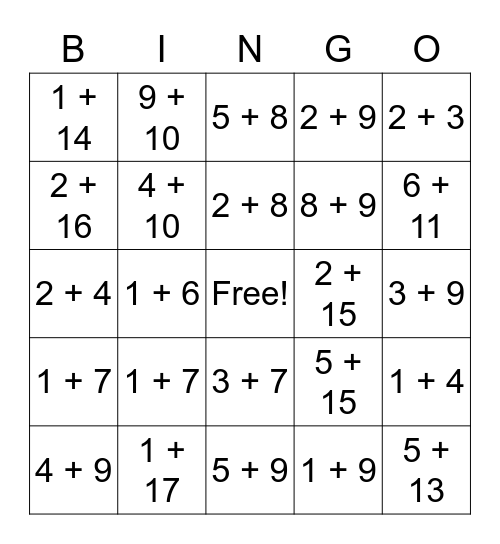 Addition to 20 Bingo! Bingo Card