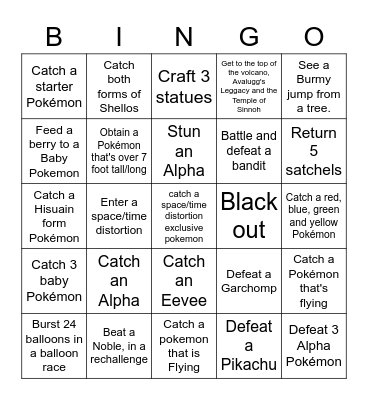 Pokemon Legends Arceus Bingo Card