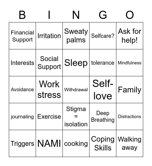 Mental Health Bingo Card