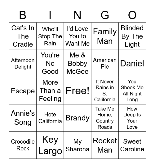 All Out 70's Bingo Card