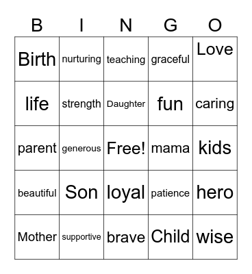 Mothers Day Bingo Card