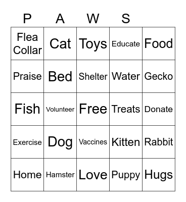 Paws Club Bingo Card