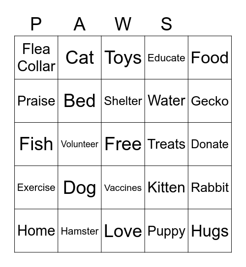 Paws Club Bingo Card