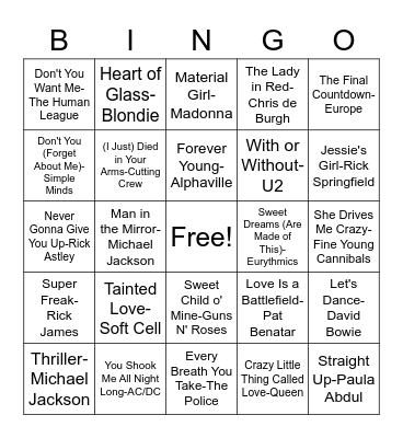 1980's-1990's Bingo Card