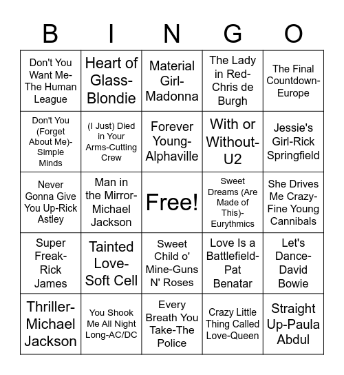 1980's-1990's Bingo Card