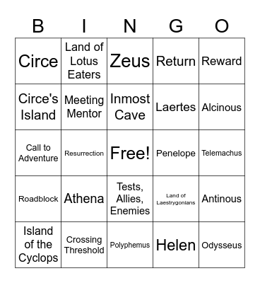 The Odyssey and The Hero's Journey Bingo Card