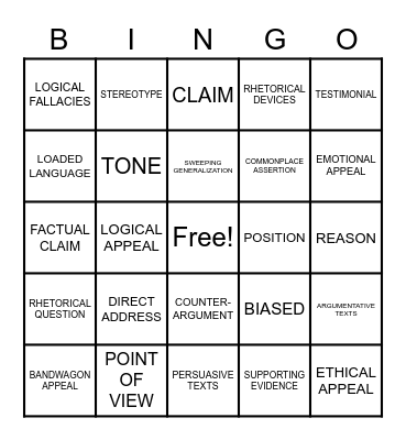 Argumentative texts - academic vocabulary Bingo Card