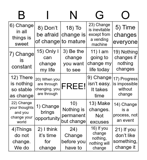 POSITIVE CHANGE Bingo Card