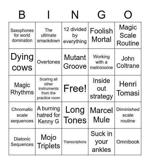 Saxophone Knowledge Bingo Card