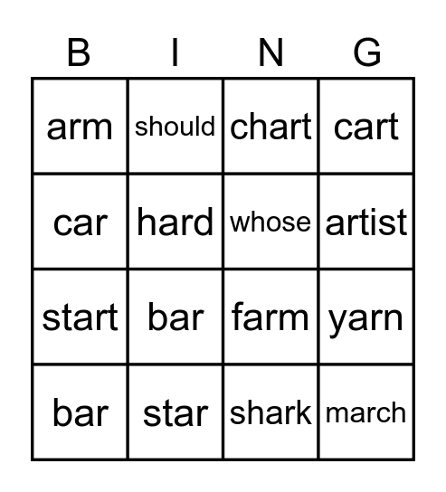 AR Words Bingo Card