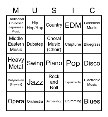 MUSIC GENRE BINGO Card
