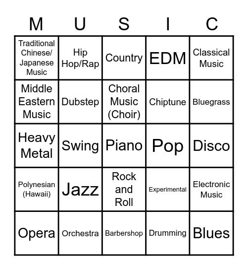 MUSIC GENRE BINGO Card