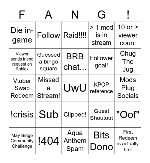 May Stream Bingo Card