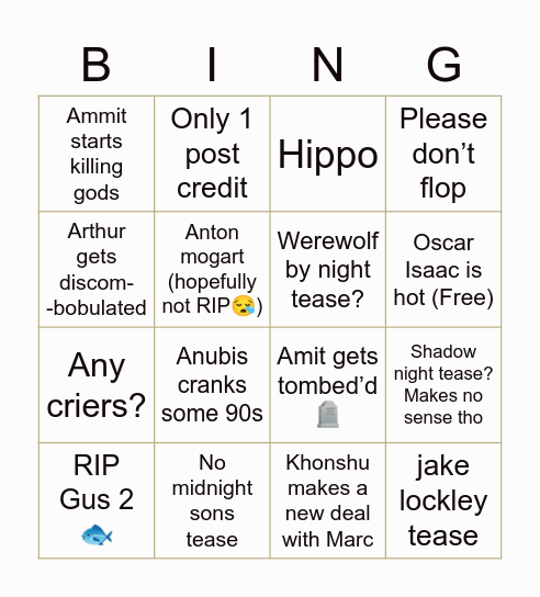 Moon Knight Bingo Card