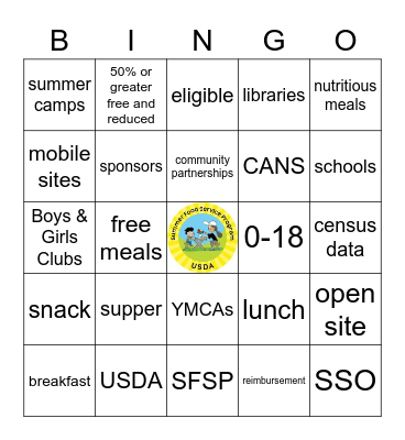 Summer Food Service Program Bingo Card