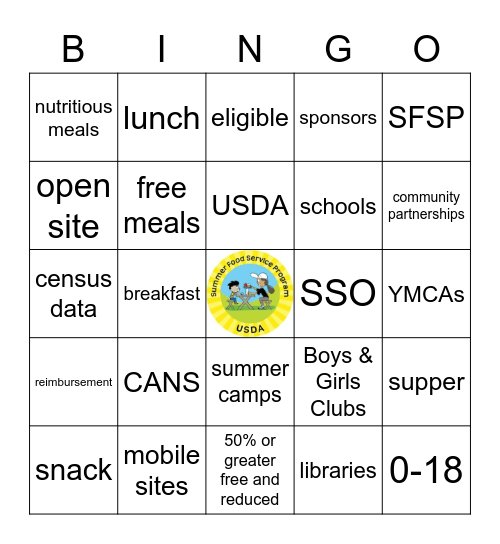 Summer Food Service Program Bingo Card