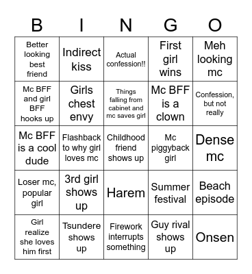 Shounen romcom tropes Bingo Card