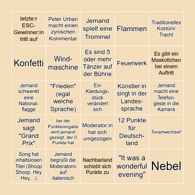 ESC Bingo 2022 Bingo Card