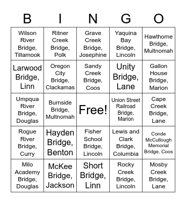 How Many Oregon Historic Bridges Have You Visited? Bingo Card