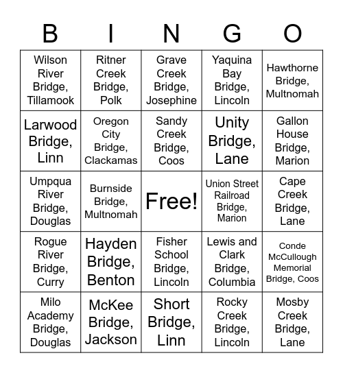 How Many Oregon Historic Bridges Have You Visited? Bingo Card