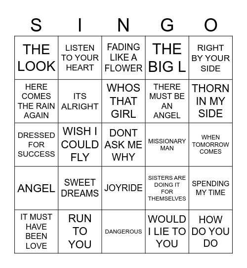 741 EURYTHMICS VS ROXETTE Bingo Card