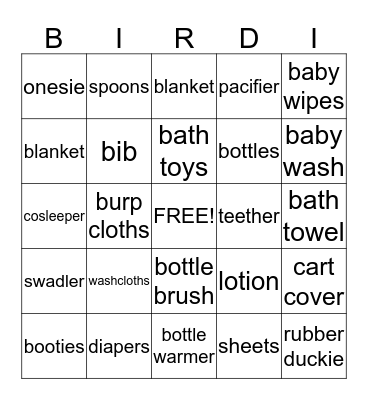 Sarah's Baby Shower Bingo Card