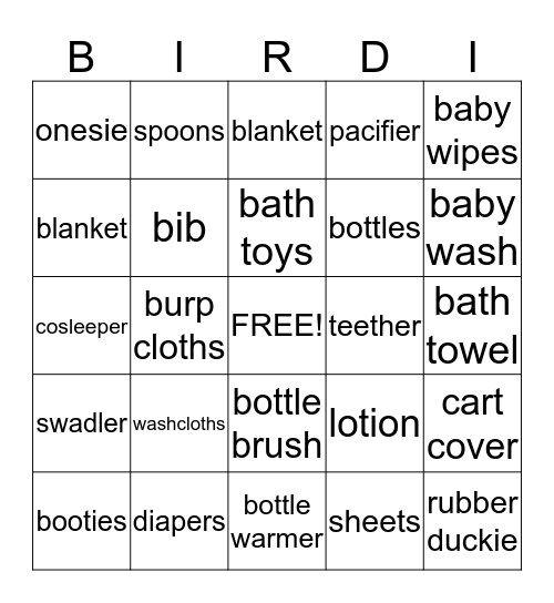 Sarah's Baby Shower Bingo Card