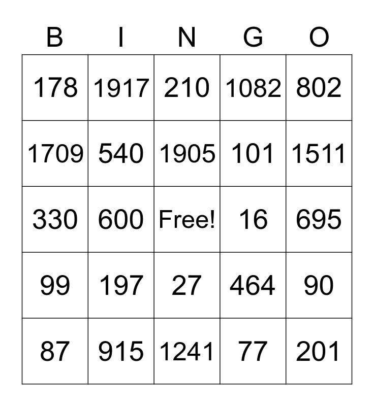 ESL Numbers Bingo Card