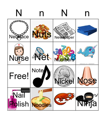 Letter N Bingo Card