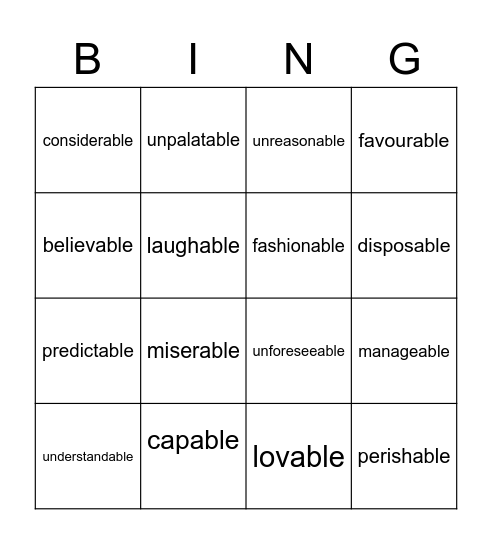 -able suffix Bingo Card