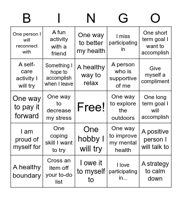 Mental Health Bingo Card