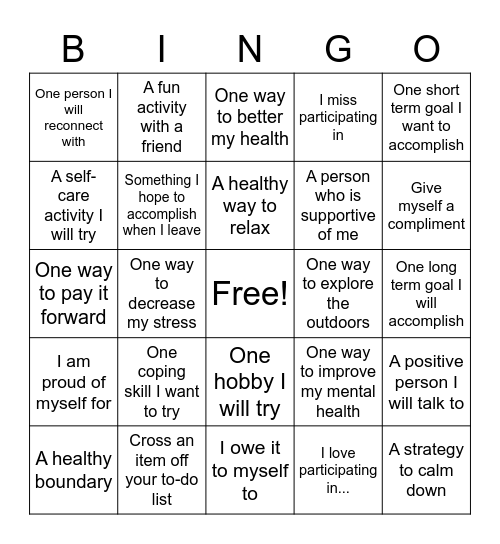 Mental Health Bingo Card