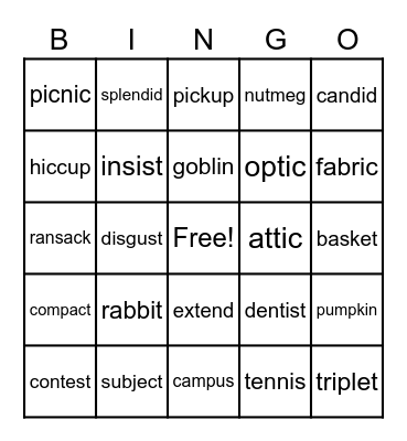 Closed/ Closed Multisyllable Bingo Card