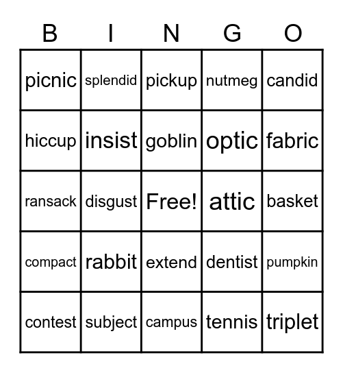 Closed/ Closed Multisyllable Bingo Card