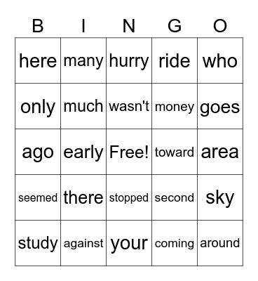 High Frequency Words #9 Bingo Card